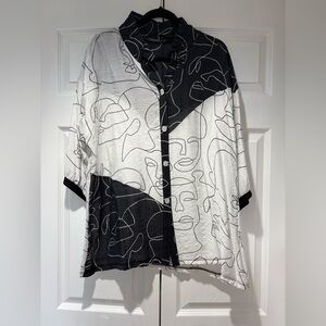 Abstract Face Print Black and White Women's Top